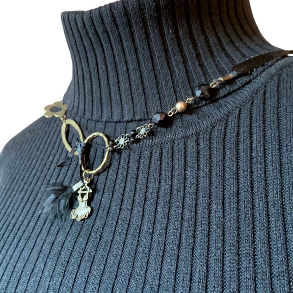 Handmade Black & Antique-Gold Charm Necklace – Dress Pendant, Feather Vintage